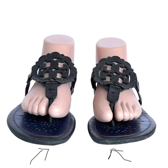 Tory Burch Miller Scallop Leather Sandals Navy Blue/Black Slide Women’s Size 10 - Picture 9 of 9